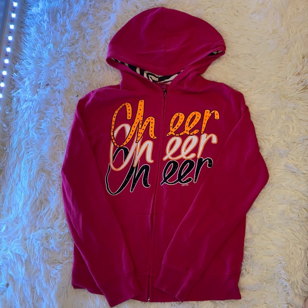 Justice, pink, cheer, zebra print hoodie